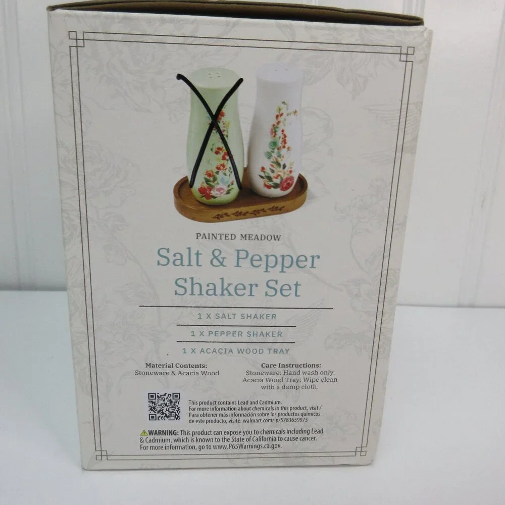 Pioneer Woman Painted Meadow Salt Shakers Acacia Wood Base Floral White